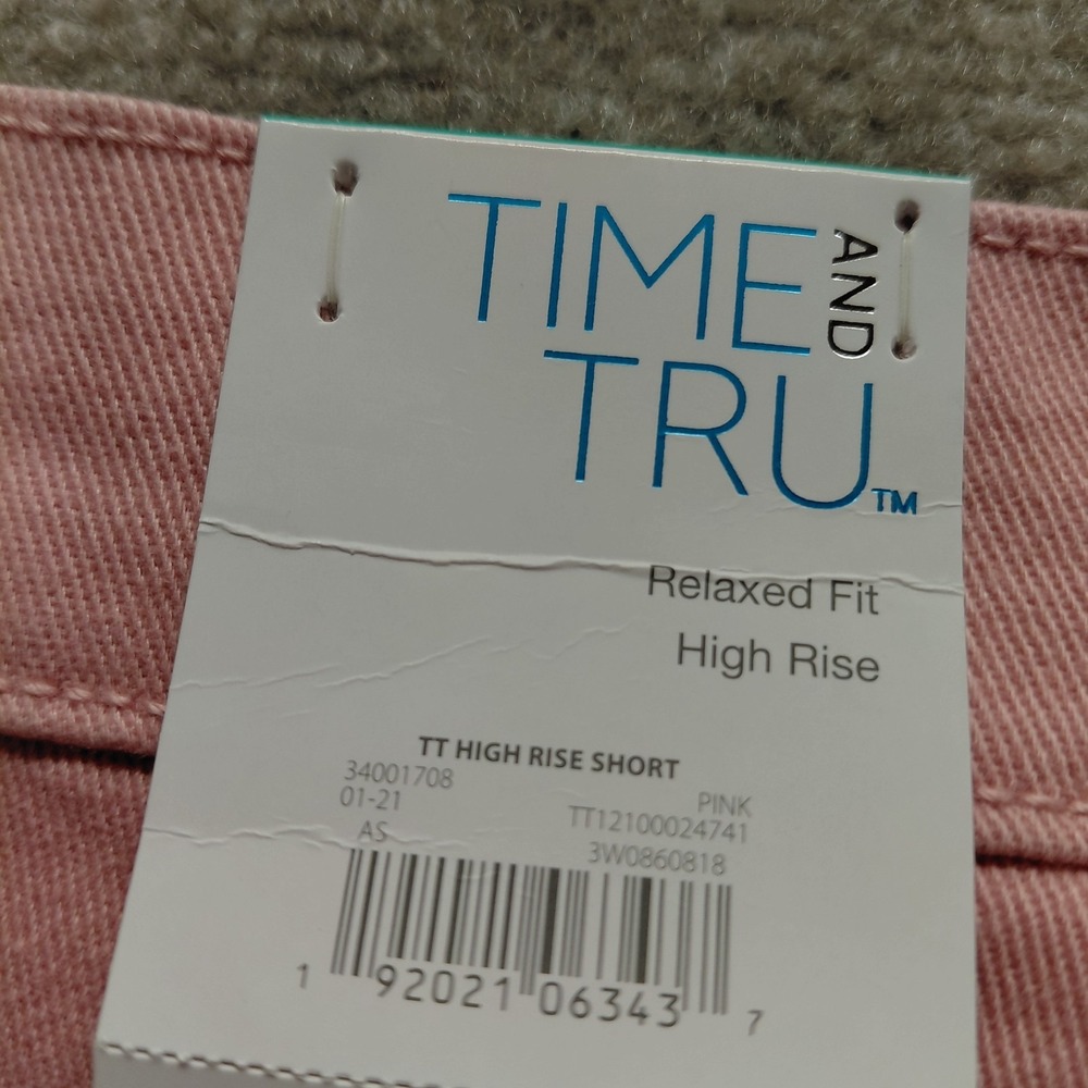 Time & Tru Women 16 Pink Distress High Rise Button Fly Denim Shorts Raw Hem NEW - Picture 10 of 11